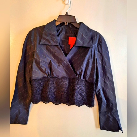 JS Collections Elegant Black Pinstripe Silk Blouse With Lace Accent - Picture 1 of 8